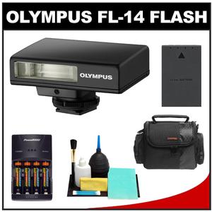 Olympus Pen FL-14 Electronic Flash for Micro Four Thirds (Black) - NEW (NO Original Box) with Batteries & Charger + Case + BLS-1/BLS-5 Battery + Cleaning & Acce - Digital Cameras and Accessories - Hip Lens.com