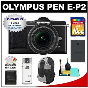 Olympus Pen E-P2 Micro 4/3 Digital Camera & 14-42mm Lens (Black) with 2yr Extended Warranty + 16GB Card + Battery + Backpack Case + Accessory Kit - Digital Cameras and Accessories - Hip Lens.com