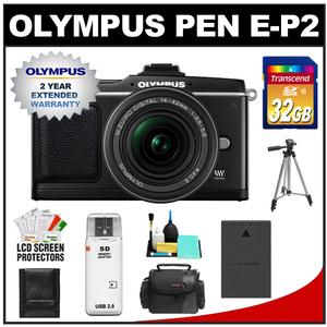 Olympus Pen E-P2 Micro 4/3 Digital Camera & 14-42mm Lens (Black) with 2yr Extended Warranty + 32GB Card + Battery + Case + Tripod + Accessory Kit - Digital Cameras and Accessories - Hip Lens.com