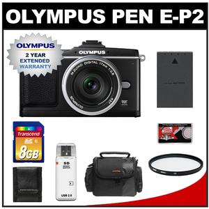 Olympus Pen E-P2 Micro 4/3 Digital Camera & 17mm f/2.8 Lens (Black/Silver) with 2yr Extended Warranty + 8GB Card + Battery + Case + Filter + Accessory Kit - Digital Cameras and Accessories - Hip Lens.com