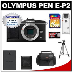 Olympus Pen E-P2 Micro 4/3 Digital Camera Body (Black) Ã¢â‚¬â€œ (Outfit Box) with 2yr Extended Warranty + 16GB Card + Battery + Case + Tripod + Accessory Kit - Digital Cameras and Accessories - Hip Lens.com