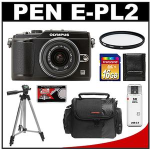 Olympus Pen E-PL2 Micro 4/3 Digital Camera & 14-42mm II Lens (Black) - Refurbished with 16GB Card + UV Filter + Tripod + Case + Accessory Kit - Digital Cameras and Accessories - Hip Lens.com