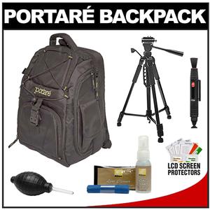 Portare Multi-Use Laptop/iPad/Digital SLR Camera Backpack Case (Black) with 57â€? Photo/Video Tripod + Nikon Cleaning Kit