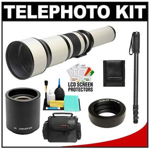 Rokinon 650-1300mm f/8-16 Telephoto Lens (White) & 2x Teleconverter with Case + Monopod + Kit for Olympus Pen & Panasonic Micro 4/3 Digital SLR Cameras - Digital Cameras and Accessories - Hip Lens.com