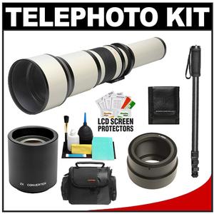 Rokinon 650-1300mm f/8-16 Telephoto Lens (White) & 2x Teleconverter with Case + Monopod + Accessory Kit for Sony Alpha NEX Digital Cameras - Digital Cameras and Accessories - Hip Lens.com