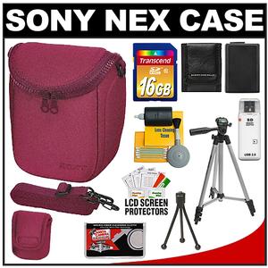 Sony LCS-BBF Soft Digital Camera Case for NEX Digital Cameras (Pink) with NP-FW50 Battery + 16GB SD Card + Tripod + Accessory Kit - Digital Cameras and Accessories - Hip Lens.com