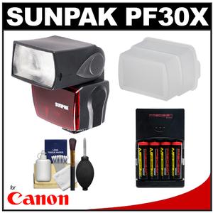 Sunpak PF30X / DigiFlash 2800 Electronic Flash Unit (for Canon EOS E-TTL II) with (4) AA Batteries & Charger + Diffuser + Cleaning Kit - Digital Cameras and Accessories - Hip Lens.com