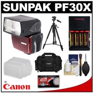 Sunpak PF30X / DigiFlash 2800 Electronic Flash Unit (for Canon EOS E-TTL II) with (4) AA Batteries & Charger + Tripod + Case + Diffuser Kit - Digital Cameras and Accessories - Hip Lens.com