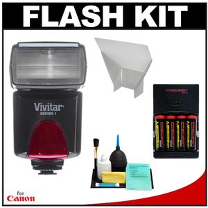 Vivitar Series 1 DF-383 Power Zoom AF Flash (For Canon EOS E-TTL) with (4) AA Batteries & Charger + Bounce Reflector + Accessory Kit - Digital Cameras and Accessories - Hip Lens.com