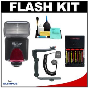 Vivitar Series 1 DF-383 Power Zoom AF Flash (for Olympus/Panasonic) with (4) AA Batteries & Charger + Bracket + Cord + Accessory Kit - Digital Cameras and Accessories - Hip Lens.com