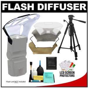 Zeikos Universal Flash Diffuser Bouncer with Interchangeable White/Gold/Silver Inserts with Deluxe Photo/Video Tripod + Accessory Kit - Digital Cameras and Accessories - Hip Lens.com