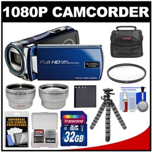 Bell & Howell DV12HDZ 1080p HD Video Camera Camcorder (Blue) with 32GB Card + Battery + Case + Flex Tripod + Filter + Tele/Wide Lens Kit