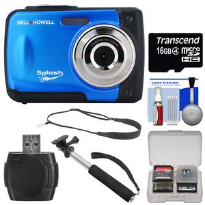 Bell & Howell Splash WP10 Shock & Waterproof Digital Camera (Blue) with 16GB Card + Selfie Stick Monopod + Sling Strap + Kit