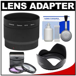Bower LA-DC58L Conversion Adapter Tube for Canon PowerShot G15 Digital Camera (58mm) with 3 (UV/CPL/FLD) Filters + Hood + Cleaning Kit