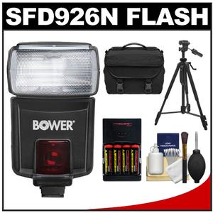 Bower SFD926N Digital Autofocus Power Zoom Flash (for Nikon i-TTL) with (4) AA Batteries + Case + Tripod + Cleaning Kit - Digital Cameras and Accessories - Hip Lens.com