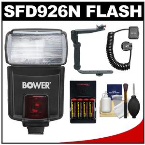 Bower SFD926N Digital Autofocus Power Zoom Flash (for Nikon i-TTL) with (4) AA Batteries + Bracket + Cord + Cleaning Kit