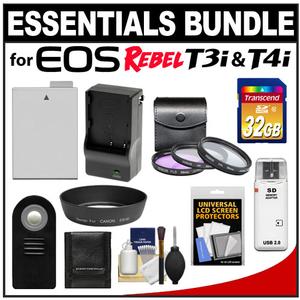 Essentials Bundle for Canon EOS Rebel T3i & T4i Digital SLR Camera and 18-55mm IS II Lens with LP-E8 Battery + 32GB Card + 3 (UV/FLD/CPL) Filters + Hood + Remot - Digital Cameras and Accessories - Hip Lens.com