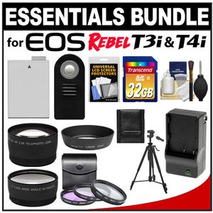 Essentials Bundle for Canon EOS Rebel T3i & T4i Digital SLR Camera and 18-55mm IS II Lens with LP-E8 Battery + 32GB Card + 3 Filters + Hood + Tripod + Tele/Wide - Digital Cameras and Accessories - Hip Lens.com