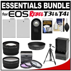 Essentials Bundle for Canon EOS Rebel T3i & T4i Digital SLR Camera and 18-55mm IS II Lens with 2 LP-E8 Batteries & Charger + Filters + Hood + Tripod + Tele/Wide - Digital Cameras and Accessories - Hip Lens.com