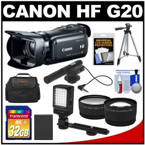 Canon Vixia HF G20 32GB Flash Memory 1080p HD Digital Video Camcorder with 32GB Card + Battery + Case + Microphone + LED Light + Tripod + Tele & Wide Lens Kit