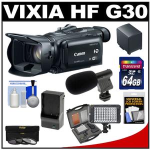 Canon Vixia HF G30 Flash Memory Wi-Fi 1080p HD Digital Video Camcorder with 64GB Card + Battery & Charger + LED Light + Microphone + 3 Filters + Accessory Kit