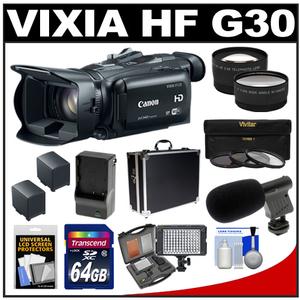 Canon Vixia HF G30 Flash Memory Wi-Fi 1080p HD Digital Video Camcorder with 64GB Card + 2 Batteries & Charger + Case + LED + Mic + Tele/Wide Lens Kit