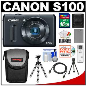 Canon PowerShot S100 Digital Camera (Black) with 16GB Card + Battery + Case + Flex Tripod + HDMI Cable + Accessory Kit - Digital Cameras and Accessories - Hip Lens.com