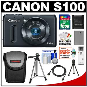 Canon PowerShot S100 Digital Camera (Black) with 16GB Card + Battery + Case + Tripod + HDMI Cable + Accessory Kit - Digital Cameras and Accessories - Hip Lens.com