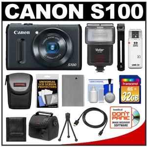 Canon PowerShot S100 Digital Camera (Black) with 32GB Card + Battery + (2) Cases + Flash + Tripod + HDMI Cable + Accessory Kit - Digital Cameras and Accessories - Hip Lens.com