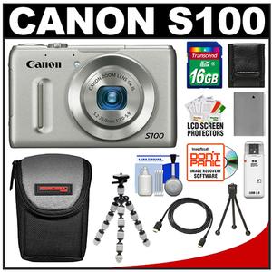 Canon PowerShot S100 Digital Camera (Silver) with 16GB Card + Battery + Case + Flex Tripod + HDMI Cable + Accessory Kit - Digital Cameras and Accessories - Hip Lens.com