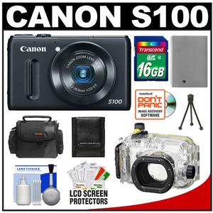 Canon PowerShot S100 Digital Camera (Black) with 16GB Card + Battery + Case + Underwater Housing + Cleaning & Accessory Kit - Digital Cameras and Accessories - Hip Lens.com