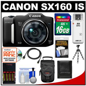 Canon PowerShot SX160 IS Digital Camera (Black) with 16GB Card + Batteries/Charger + Case + Flex Tripod + HDMI Cable + Accessory Kit