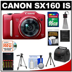 Canon PowerShot SX160 IS Digital Camera (Red) with 16GB Card + Batteries/Charger + Case + Tripod + Accessory Kit