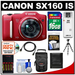 Canon PowerShot SX160 IS Digital Camera (Red) with 16GB Card + Batteries/Charger + Case + Flex Tripod + HDMI Cable + Accessory Kit