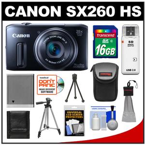 Canon PowerShot SX260 HS Digital Camera (Black) with 16GB Card + Battery + Case + 2 Tripods + Accessory Kit - Digital Cameras and Accessories - Hip Lens.com