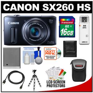 Canon PowerShot SX260 HS Digital Camera (Black) with 16GB Card + Battery + Case + Flex Tripod + HDMI Cable + Accessory Kit - Digital Cameras and Accessories - Hip Lens.com