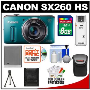 Canon PowerShot SX260 HS Digital Camera (Green) with 8GB Card + Battery + Case + Accessory Kit - Digital Cameras and Accessories - Hip Lens.com
