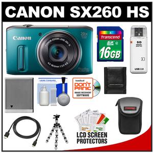 Canon PowerShot SX260 HS Digital Camera (Green) with 16GB Card + Battery + Case + Flex Tripod + HDMI Cable + Accessory Kit - Digital Cameras and Accessories - Hip Lens.com