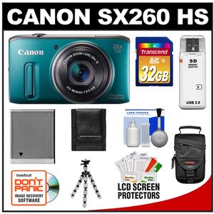 Canon PowerShot SX260 HS Digital Camera (Green) with 32GB Card + Battery + Case + Flex Tripod + Accessory Kit - Digital Cameras and Accessories - Hip Lens.com