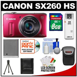 Canon PowerShot SX260 HS Digital Camera (Red) with 8GB Card + Battery + Case + Accessory Kit - Digital Cameras and Accessories - Hip Lens.com