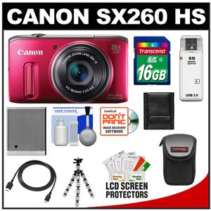 Canon PowerShot SX260 HS Digital Camera (Red) with 16GB Card + Battery + Case + Flex Tripod + HDMI Cable + Accessory Kit - Digital Cameras and Accessories - Hip Lens.com