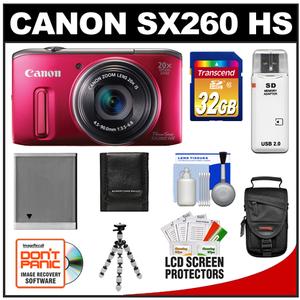 Canon PowerShot SX260 HS Digital Camera (Red) with 32GB Card + Battery + Case + Flex Tripod + Accessory Kit - Digital Cameras and Accessories - Hip Lens.com