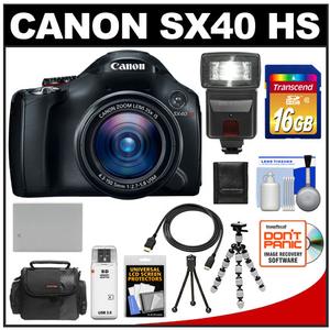 Canon PowerShot SX40 HS Digital Camera (Black) with 16GB Card + Flash + Battery + HDMI Cable + Case + Flex Tripod + Accessory Kit - Digital Cameras and Accessories - Hip Lens.com