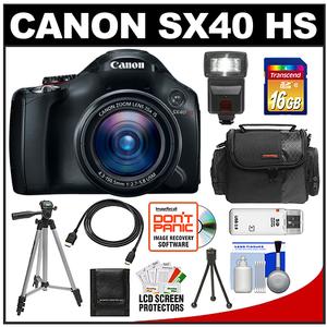 Canon PowerShot SX40 HS Digital Camera (Black) with 16GB Card + Flash + HDMI Cable + Case + Tripod + Accessory Kit - Digital Cameras and Accessories - Hip Lens.com