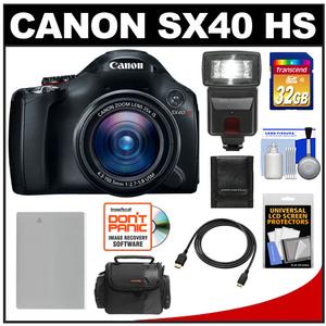 Canon PowerShot SX40 HS Digital Camera (Black) with 32GB Card + Flash + Battery + HDMI Cable + Case + Accessory Kit - Digital Cameras and Accessories - Hip Lens.com