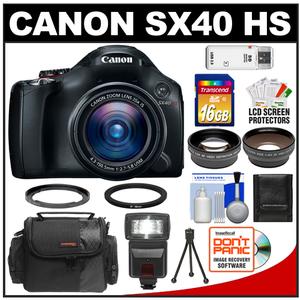 Canon PowerShot SX40 HS Digital Camera (Black) with 16GB Card + Flash + Case + Tripod + 2x Telephoto & .45x Wide-Angle Lens Kit - Digital Cameras and Accessories - Hip Lens.com