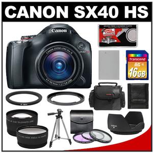 Canon PowerShot SX40 HS Digital Camera (Black) with 16GB Card + Case + Battery + Tripod + Telephoto & Wide-Angle Lenses + Accessory Kit - Digital Cameras and Accessories - Hip Lens.com
