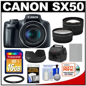 Canon PowerShot SX50 HS Digital Camera (Black) with 16GB Card + Case + Battery + 2 Tele/Wide-Angle Lens Set + Hood + Accessory Kit