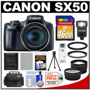 Canon PowerShot SX50 HS Digital Camera (Black) with 16GB Card + Flash + Case + Battery + Tripod + 2 Tele/Wide Lens Set + Accessory Kit