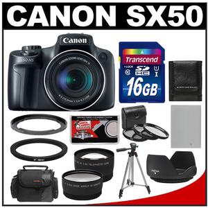 Canon PowerShot SX50 HS Digital Camera (Black) with 16GB Card + Case + Battery + Tripod + 2 Lens Set + 3 UV/FLD/CPL Filters + Hood Kit